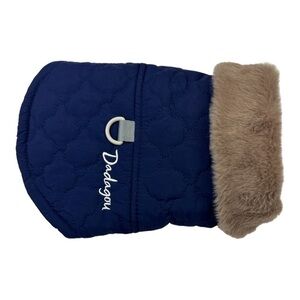 Dog Quilted Faux Fur Trim Fleece Lined Coat Blue Size S